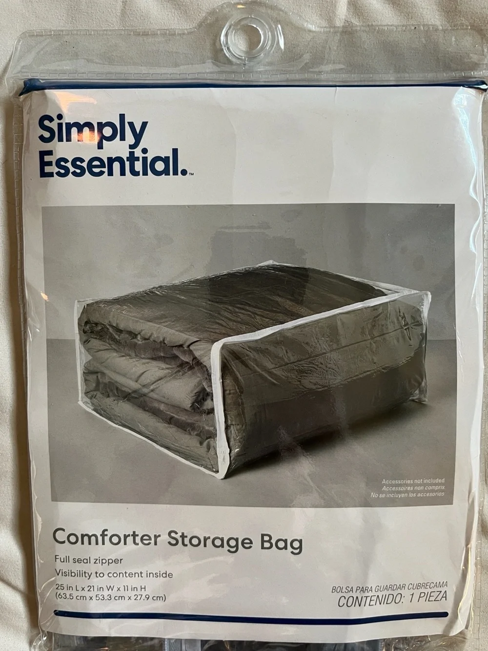 Simply Essential. Comforter Storage Bag. Full seal, zipper visibility to content